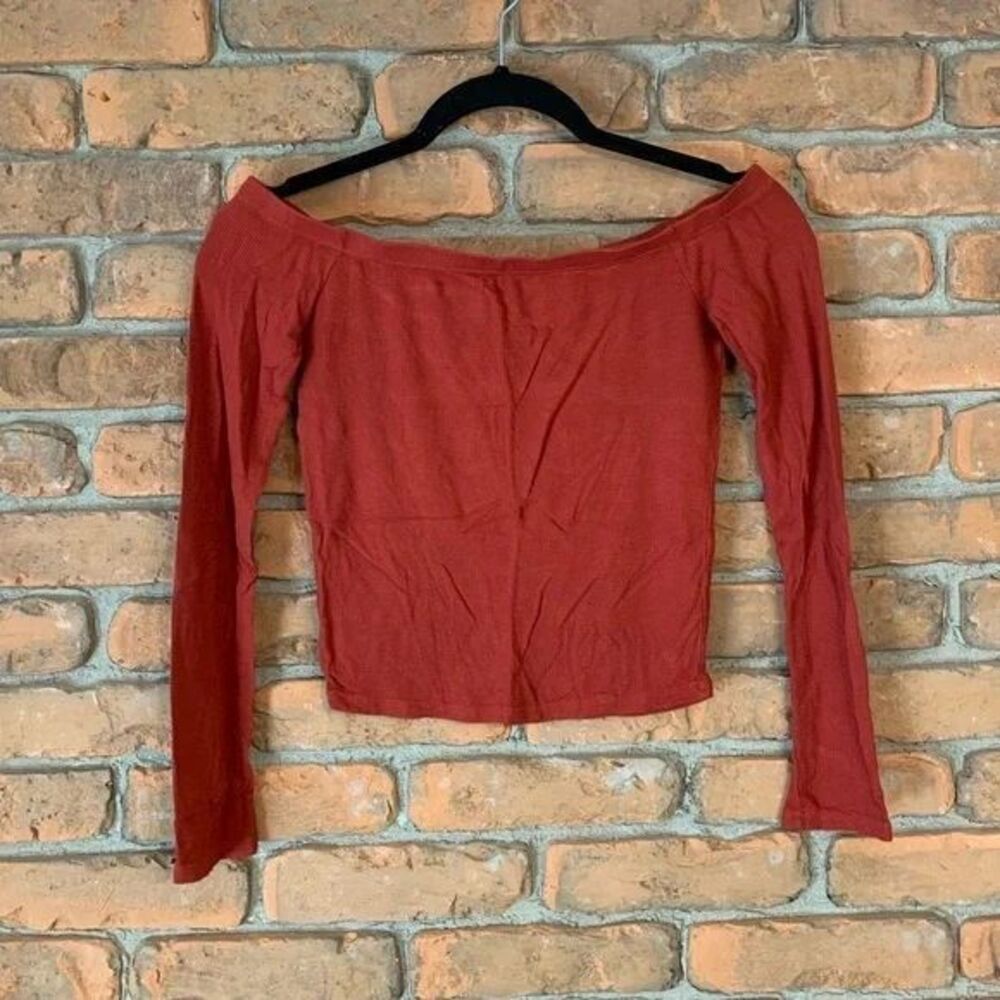 Ambiance Womens M Rust Ribbed Off Shoulder Crop Top Long Sleeve Y2K